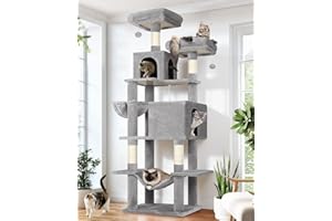 Globlazer Cat Tree Tower, 76-Inch Extra Tall Multi-Level Cat Furniture with Cozy Condos, Hammock and Perches for Adult Cats, Perfect for Climbing, Scratching, and Play, F76, Light Grey