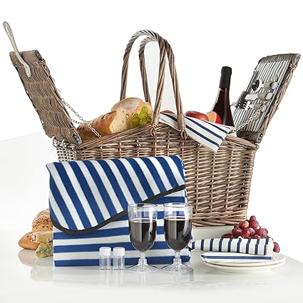 2 Person : VonShef Deluxe 2 Person Folding Handle Picnic Basket Hamper with Cutlery, Plates, Glasses, Tableware & Fleece Blanket