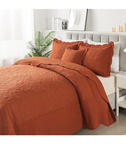 Brandream Queen Size Cotton Quilt Set - 3-Piece Burnt Orange Farmhouse Bedspread With Ruffle Edges, Vintage Style