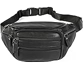 OrrinSports Black Leather Fanny Pack for Men & Women, Fashionable Multi-Pockets Waist Belt Bag for Travel Sports Hiking Cycling Fishing Running