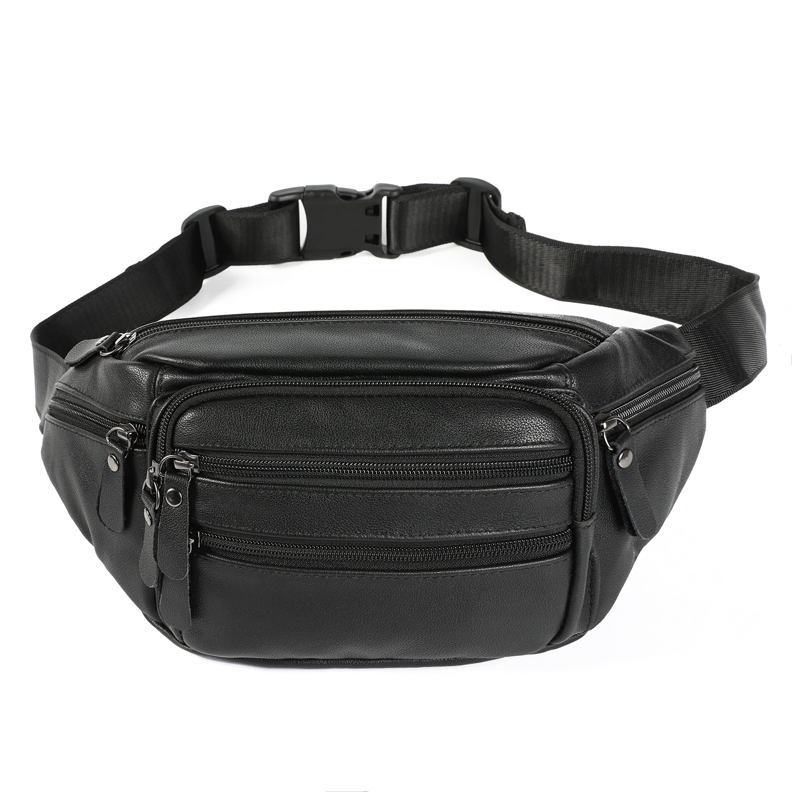 Photo 1 of OrrinSports Black Leather Fanny Pack for Men & Women, Fashionable Multi-Pockets Waist Belt Bag for Travel Sports Hiking Cycling Fishing Running