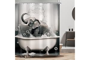 Riyidecor Funny Elephant Shower Curtain 60Wx72H Inch Vintage Kids Child Cartoon Animal Bathtub Bubbles Lovely Wildlife Retro Bathroom Decor Set Fabric 12 Pack Plastic Hooks