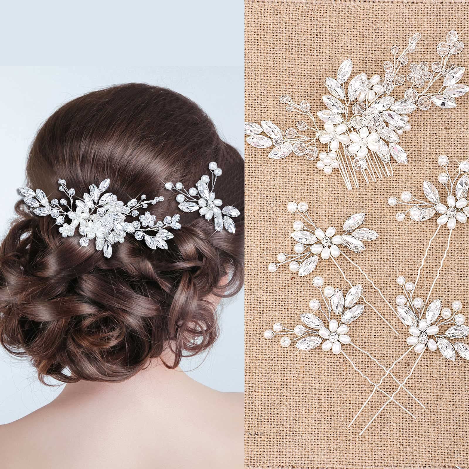 Yeshone 5 Pieces Wedding Hair Comb Bridal Hair Pins Crystal Pearl Hair Accessories Rhinestone Flower Hair Piece for Wedding Bride Women(Silver,Classic Style)
