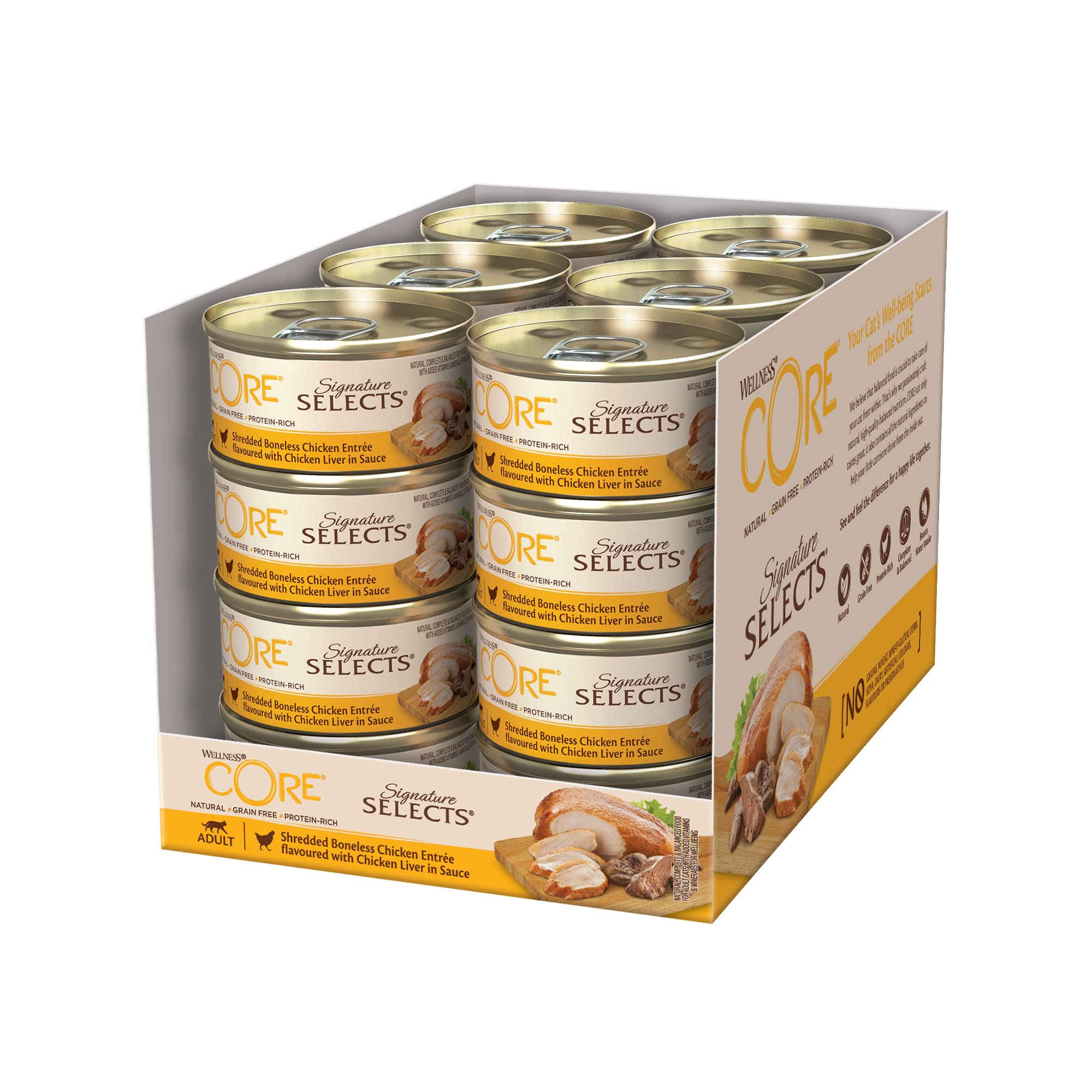 Wellness CORE Signature Selects 24 x 79g, Shredded Chicken & Chicken Liver – Wet Cat Food, Tasty Shreds in Sauce, Grain-Free, Natural, Hypoallergenic, Protein-Rich, High Meat Content