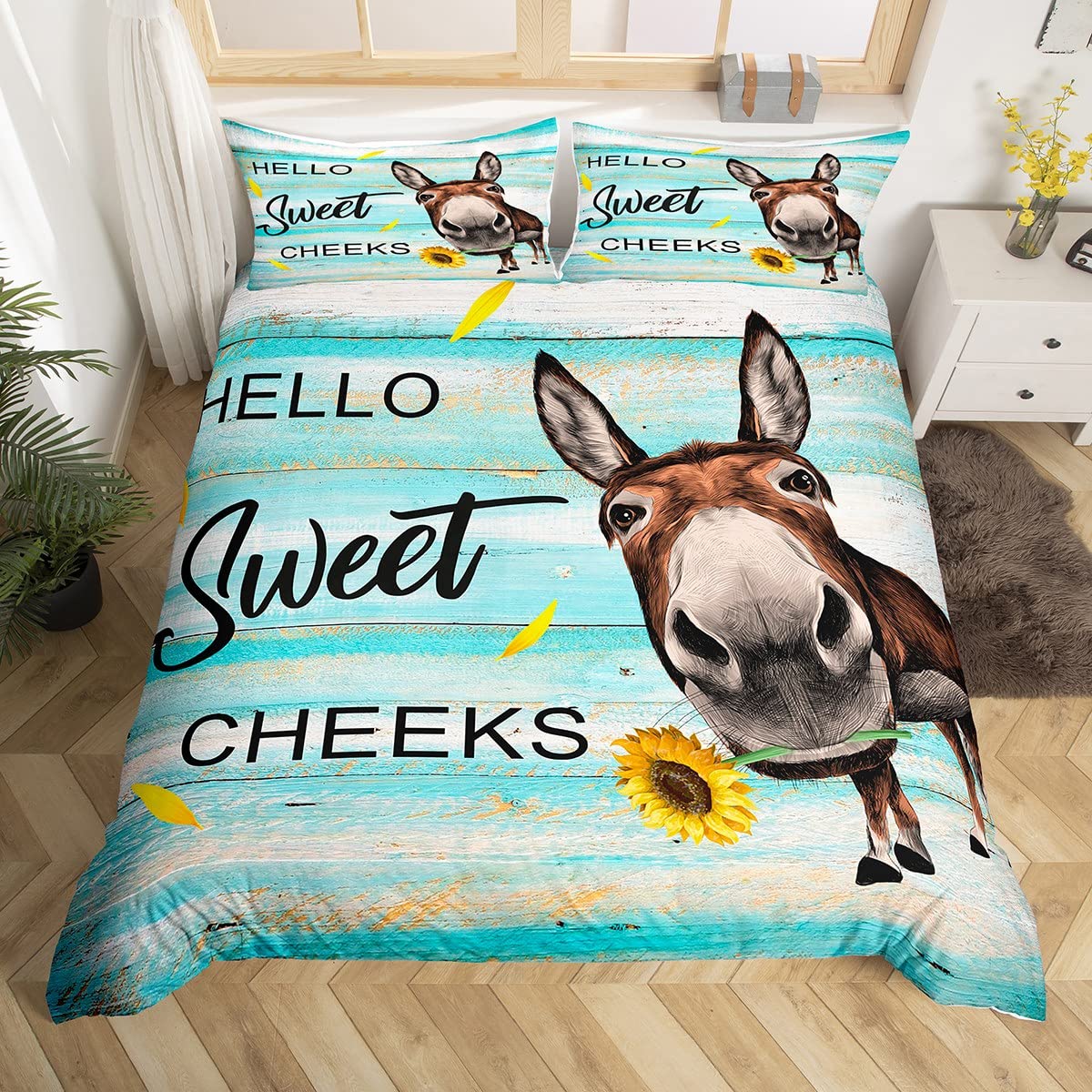 Manfei Donkey Duvet Cover Set Single Size, Yellow Flower Animal Bedding Set 2pcs for Kids Boys Girls Bedroom Decor, Vintage Wooden Board Comforter Cover Rustic Farmhouse Quilt Cover with 1 Pillowcase — image 1