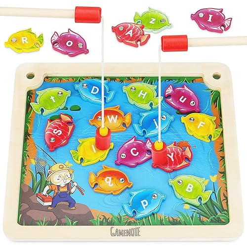 GAMENOTE Wooden Magnetic Fishing Game, ABC Alphabet Color Sorting