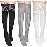 Josojoou 3 Pairs Women's Lace Socks, Lace Knee High Socks with Trim, Kawaii Laces Lolita Stocking Long over Knee Stocking for Women, Black White, Gray