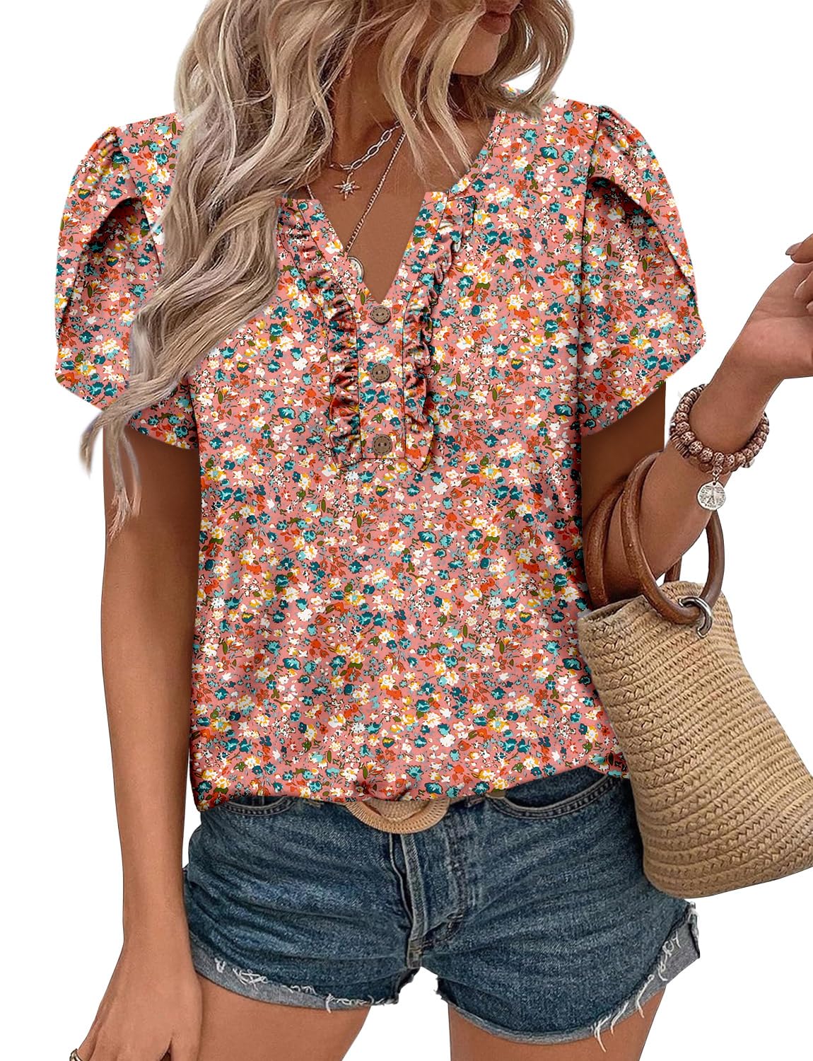 KISSMODA Women's Tunic Tops Casual V Neck Short