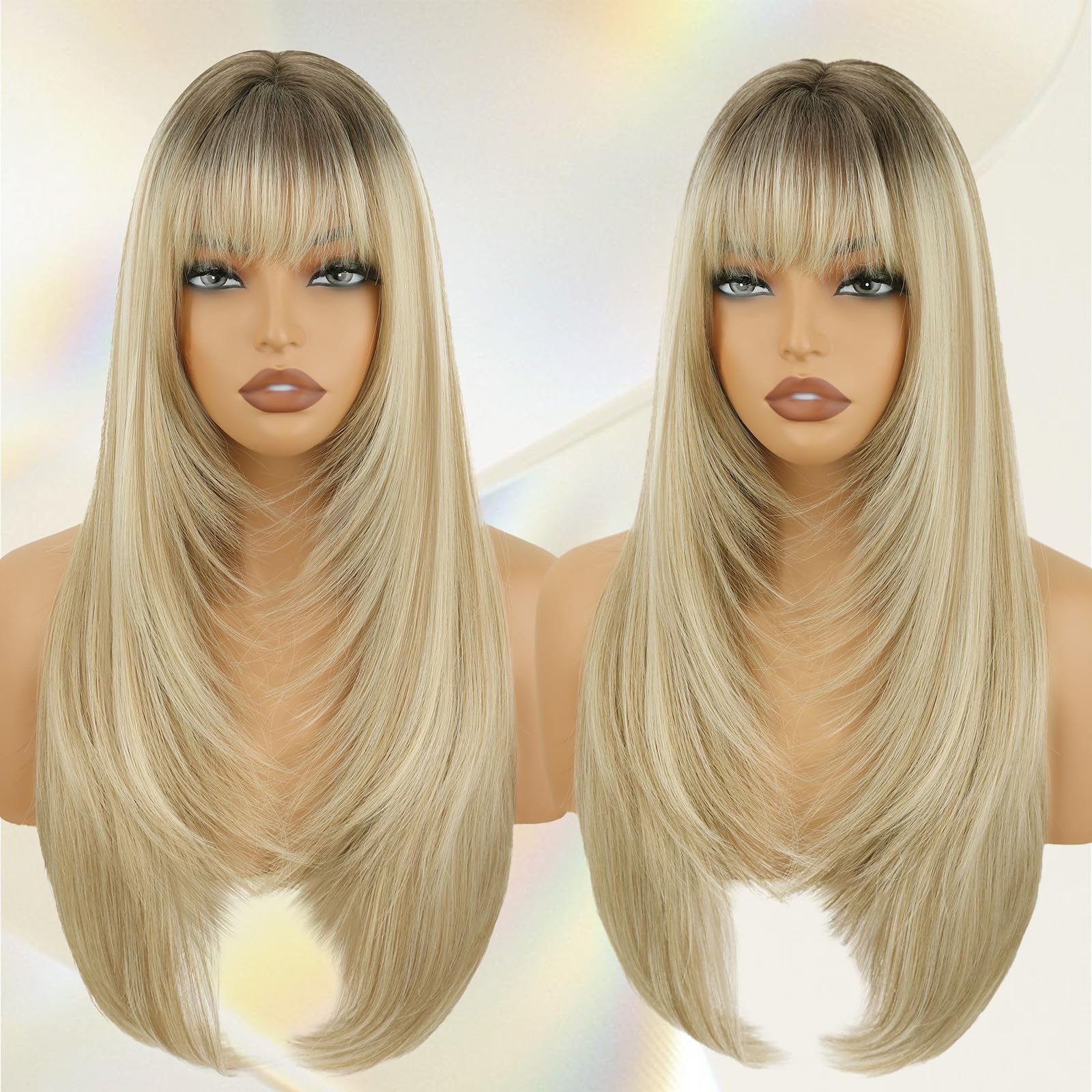 Photo 1 of Ombre Blonde Long Straight Layered Wig with Bangs for Women 26 inch Dark Root to Blonde Put on Go Realistic Synthetic Heat Resistant Natural Wig for Girls Party Cosplay and Daily Use