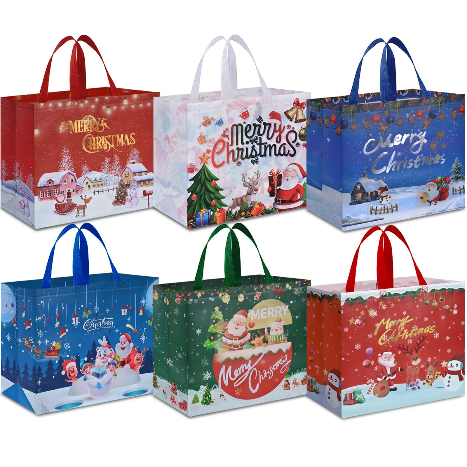 AhfuLife Extra Large Christmas Bags for Gift, 6pcs Xmas Gift Tote Bags with Handles, Reusable Multipack Non-woven Christmas Treat Shopping Bag, Xmas Party Favor Bag Decorations, 40 x 36 x 15cm