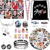 Japior Stray Kids Gifts,Stray Kids Kpop Merch with Drawstring Bag, 8 Cartoon Badges, 50 Stickers,8 Photocards, 3 Design Bracelet,Necklace,Earrings,Keychain,Straykids Lanyards Merchandise for Fans
