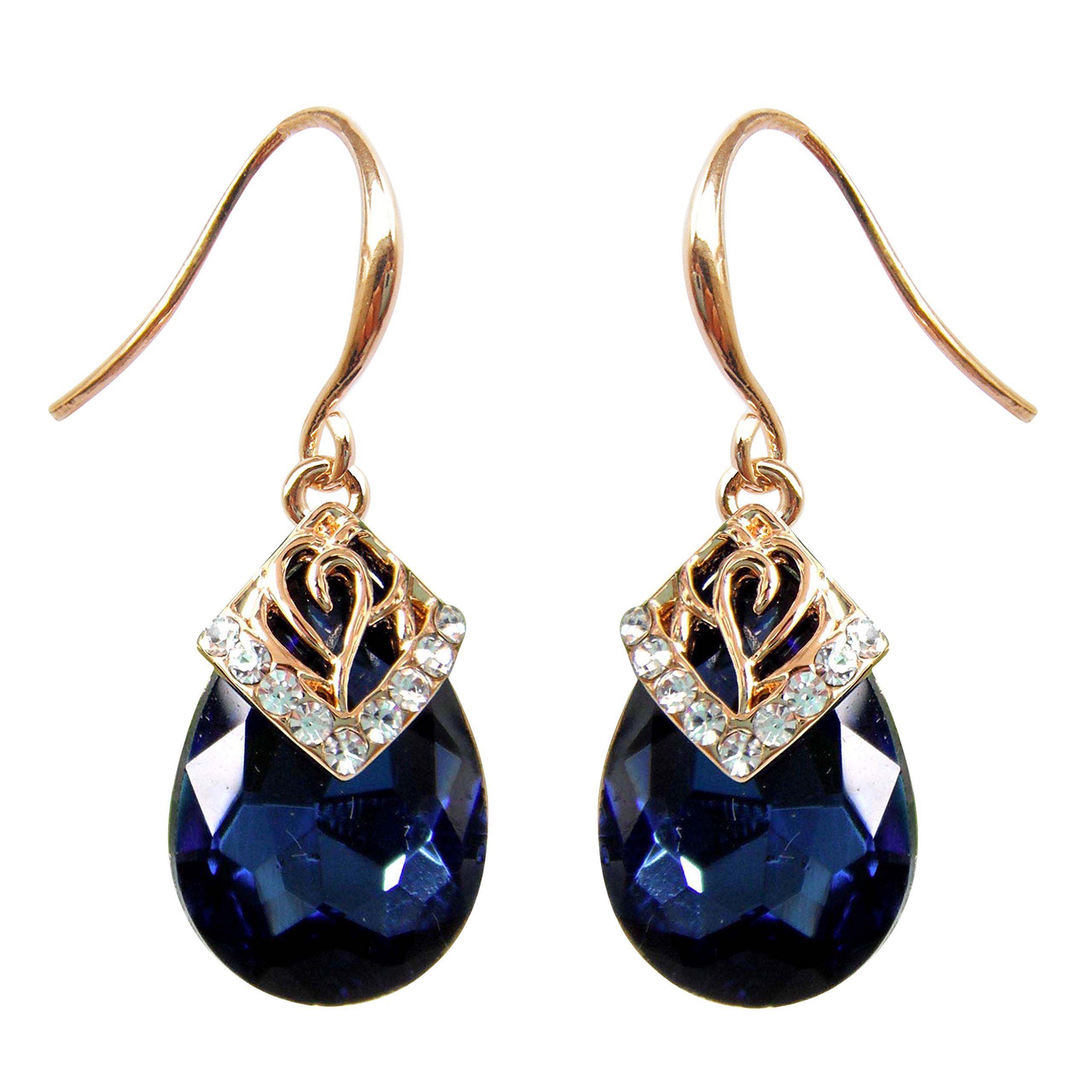 Navachi 18k Gold Plated Crystal Flower Pattern Water Drop royalblue Blue Zircon Az2308e Dangle Earrings
