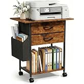 Faesun Printer Stand with Storage, 22In Printer Table with 2 Fabric Drawers | Rolling Printer Cart, Storage Shelf, File Cabinet, Under Desk, Side Pocket, for Home Office, Living Room, Rustic Brown