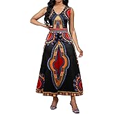 African Dresses for Women Elegant V Neck 3/4 Sleeve Casual Long Maxi African Attire Dress