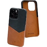 Wilken Leather Slim Phone Case Compatible with iPhone 15 | Compatible with MagSafe & Wireless Charging | Premium Top-Grain Leather Cover with Metal Buttons (15, Tan/Blue)