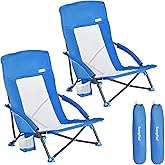 SUNNYFEEL Folding Low Camping Beach Chair 2 Pack, Lightweight Portable Lawn Chair with Mesh Back, Cup Holder for Outdoor/Travel/Picnic/Concert, Foldable Camp Backpack Chairs with Carry Bag