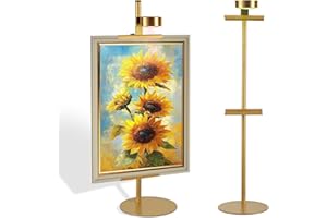 NKJIH Adjustable Desktop Photo Frame Stand with Magnetic Wall Painting Light, Holds Picture Frames up to 30 Inch,with Rechargeable Battery,Metal Vertical Stand with 3 Color Temperature & 13RGB Poster Lights, for Displaying Picture Frames, Artworks (Gold)