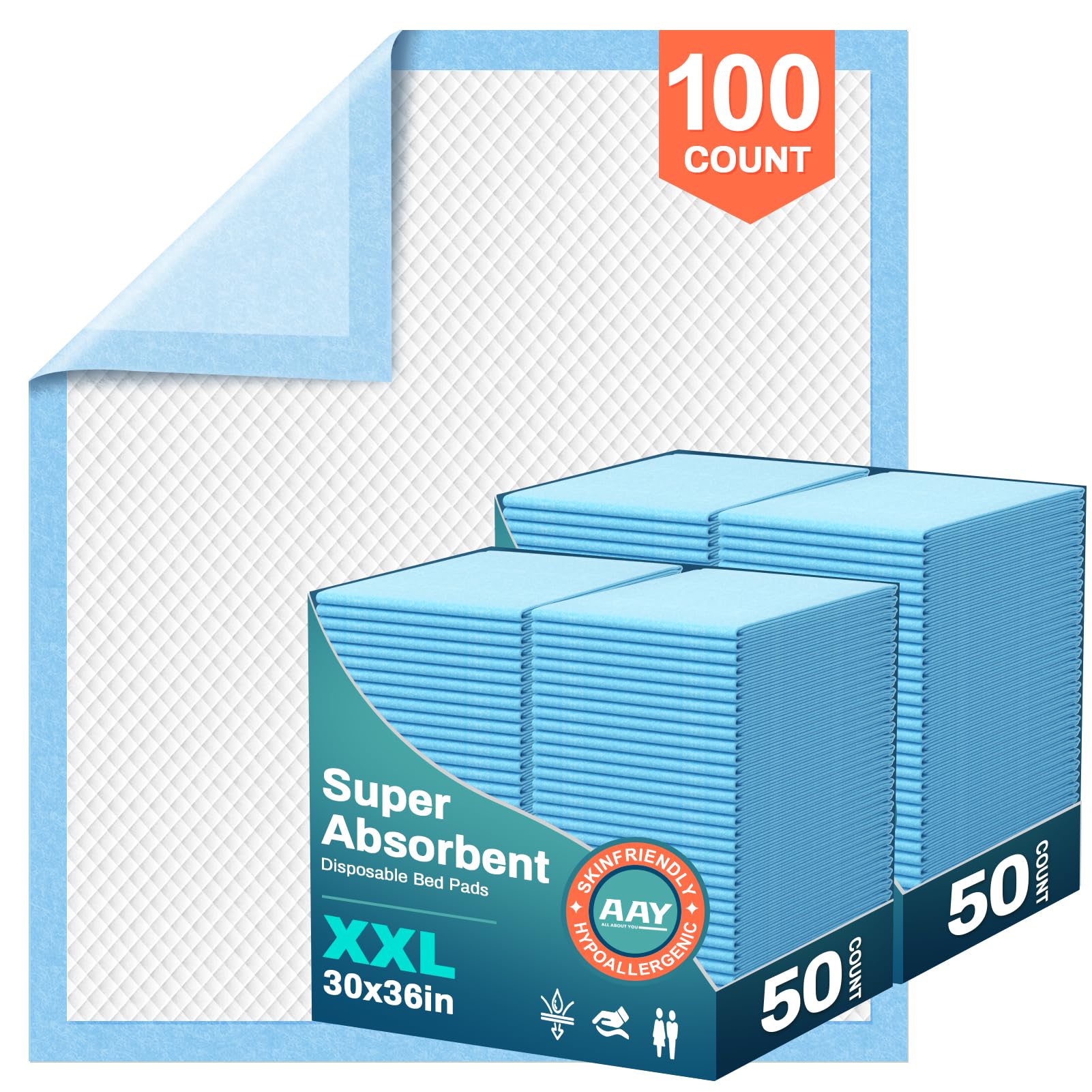 Photo 1 of AAY Bed Pads Disposable 30" x 36" (100 Count), Extra Large Super Absorbency Disposable Underpads for Incontinence, Premium Leakproof Protective Chucks Pee Pads for Adult, Kids, Puppy Training