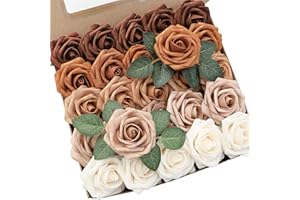 Floroom Artificial Flowers 25pcs Real Looking Earth Tones Ombre Colors Foam Fake Roses with Stems for DIY Wedding Bouquets Bridal Shower Floral Centerpieces Party Tables Home Decorations