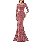 Miusol Women's Elegant V Neck Floral Lace Formal Evening Party Maxi Dress