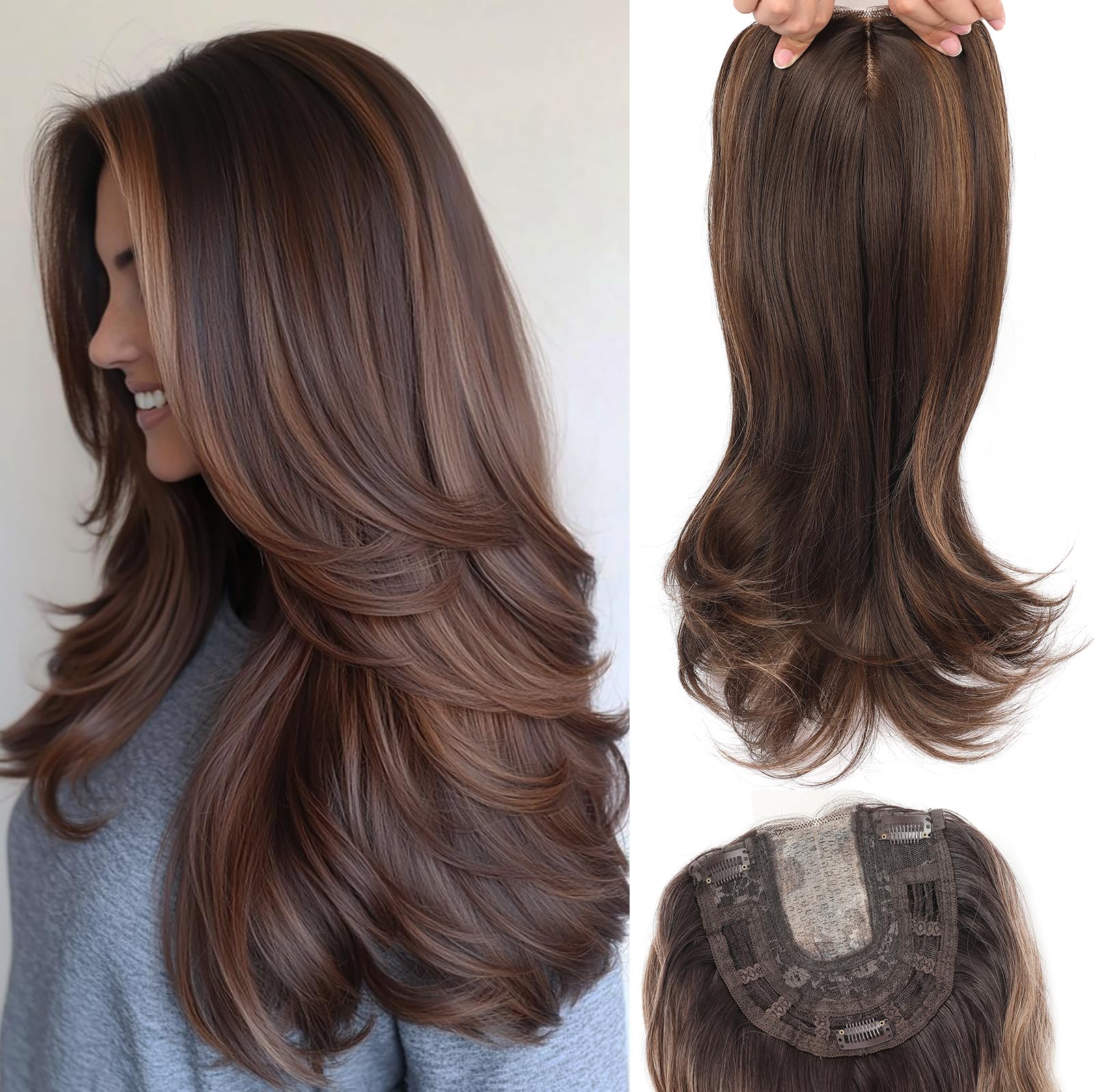 Photo 1 of Lumhun 18Inch Hair Toppers for Women with Thinning Hair, Heat Resistant Fibre Synthetic 6.5" x 6.5" Base,Long Layered Topper for Women(Dark Brown with Brown Highlight,18Inch)