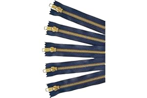 YKK Golden Brass Metal Zippers in Navy Blue - #5 Closed-end Zippers - 12 Inch - Set of 5 Pieces by Craftbot