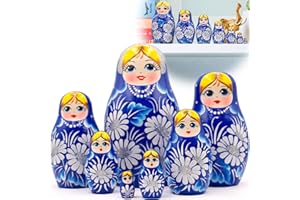 AEVVV Russian Matryoshka Dolls Set of 7 pcs - Russian Dolls in Sarafan Dress with Chamomile Flowers - Hand Painted Russian Dolls Nesting Dolls - Blue Decor