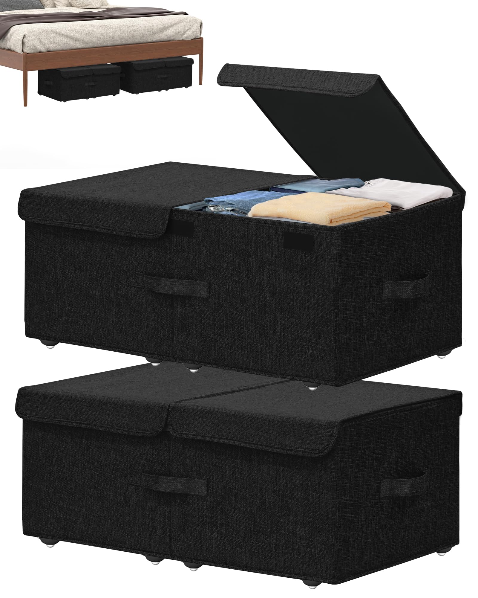 Photo 1 of Hoyula Under Bed Storage Container with Wheels, 2 Pack 10" High Deep Underbed Rolling Box Storage Bins Drawers with Lids for Bedroom, Dorms, Clothes, Shoes, Blankets, No Assemble Required, Black