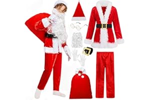 SOMSOC 8 Pieces Child Santa Costume Set Cosplay Deluxe Plush Xmas Boy’s Santa Suit Outfit for Kids Cosplay Party