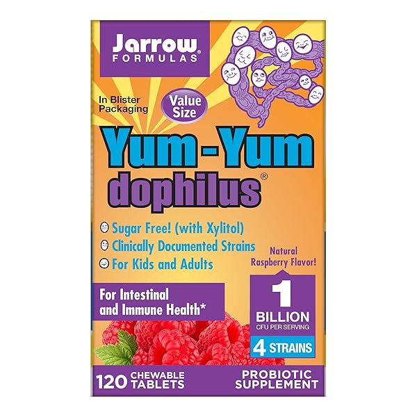 JARROW FORMULAS YUM-YUM DOPHILUS, NATURAL RASPBERRY PROBIOTIC SUPPLEMENT – 1 BILLION ORGANISMS PER SERVING – 120 CHEWABLE TABLETS – INTESTINAL & IMMUNE HEALTH – FOR KIDS & ADULTS (PACKAGING MAY VARY) (PACK OF 1)