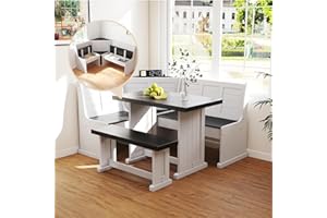 URBAN HOME FURNITURE Breakfast Nook Kitchen Corner Dining Table Bench Chair Set, with Charging Ports, Hidden Storage Space-Saving 3-5 Seat L-Shape for Farmhouse Family Home White Black Wood