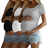 Ficerd 3 Pack Women's Maternity T Shirts, Short Sleeve Cotton Pregnancy Tops Crew Neck Ribbed Knit Side Ruched Mama Clothes