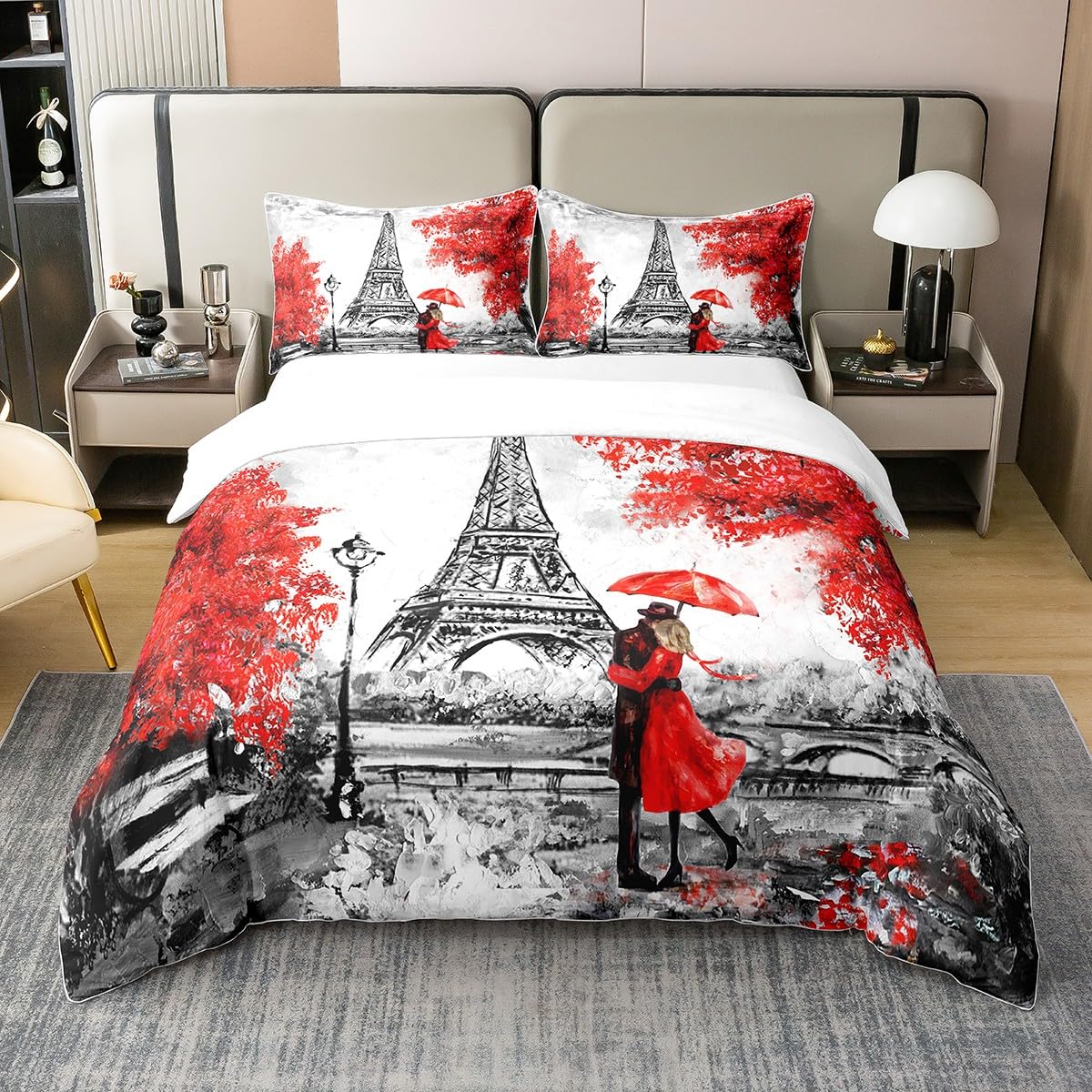 Homewish Cotton Eiffel Tower Duvet Cover Super King,Valentine'S Day Romantic Theme Comforter Cover,Paris France Red Maple Leaf Autumn Quilt Cover,Couple Grey Illustration Soft Bedding Set Decorative