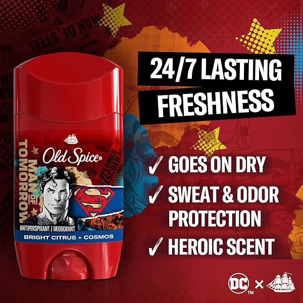 OLD SPICE ANTIPERSPIRANT AND DEODORANT FOR MEN, 24/7 FRESHNESS & LASTING SCENT, 24/7 LONG LASTING SWEAT & ODOR PROTECTION, SMELL LIKE A HERO, SUPERMAN, BRIGHT CITRUS AND COSMOS SCENT, 2.6 OZ