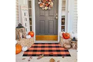 CKORZEN Fall Outdoor Orange and Black Plaid Rug - 28 x 43 Inches Cotton Hand-Woven Checked Rug Layered Doormats for Front Door Porch Farmhouse Entryway Patio Halloween…