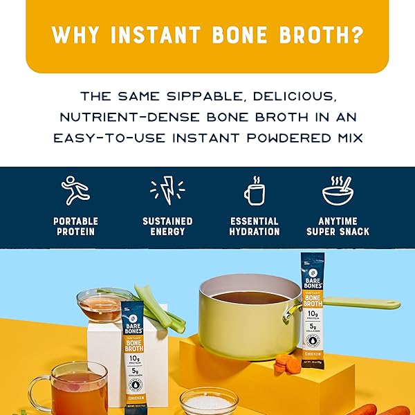 BARE BONES CHICKEN BONE BROTH INSTANT POWDERED MIX | RICH SAVORY PACKETS ON-THE-GO NO ARTIFICIAL FLAVORS | 100% GRASS FED KETO & PALEO FRIENDLY | 10G PROTEIN | 4 PACK