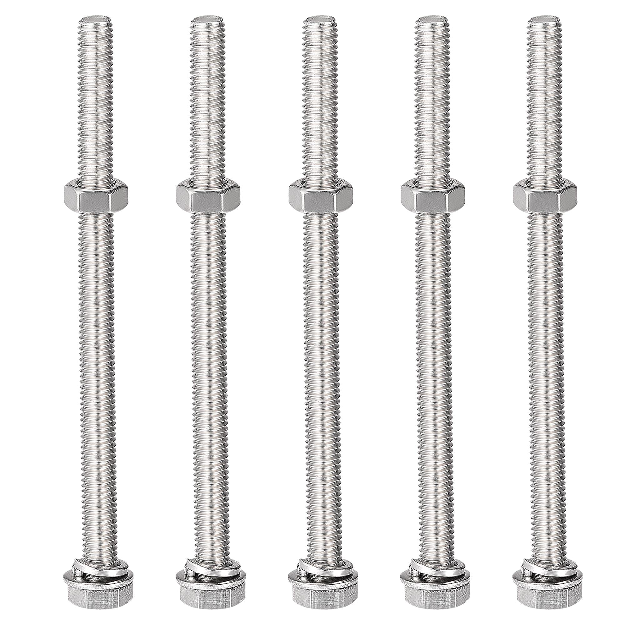sourcing map M8 x 120mm Hex Head Screws Bolts, Nuts, Flat & Lock Washers Kits, 304 Stainless Steel Fully Thread Hexagon Bolts 5 Sets