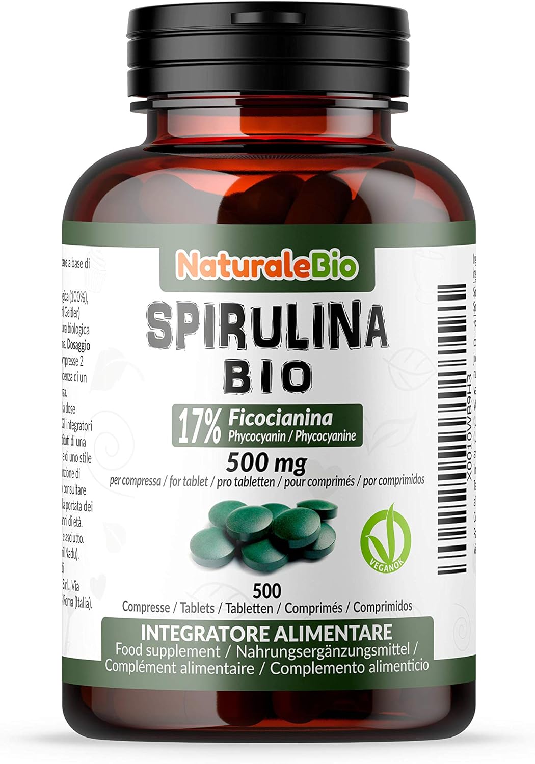Alga Espirulina Ecológica en Comprimidos de 500mg (500 Tabletas). 100% Orgánica, Natural y Pura, Ficocianina 17%. Cultivada en India en Tamil Nadu. Apto para vegetarianos y veganos. NATURALEBIO
