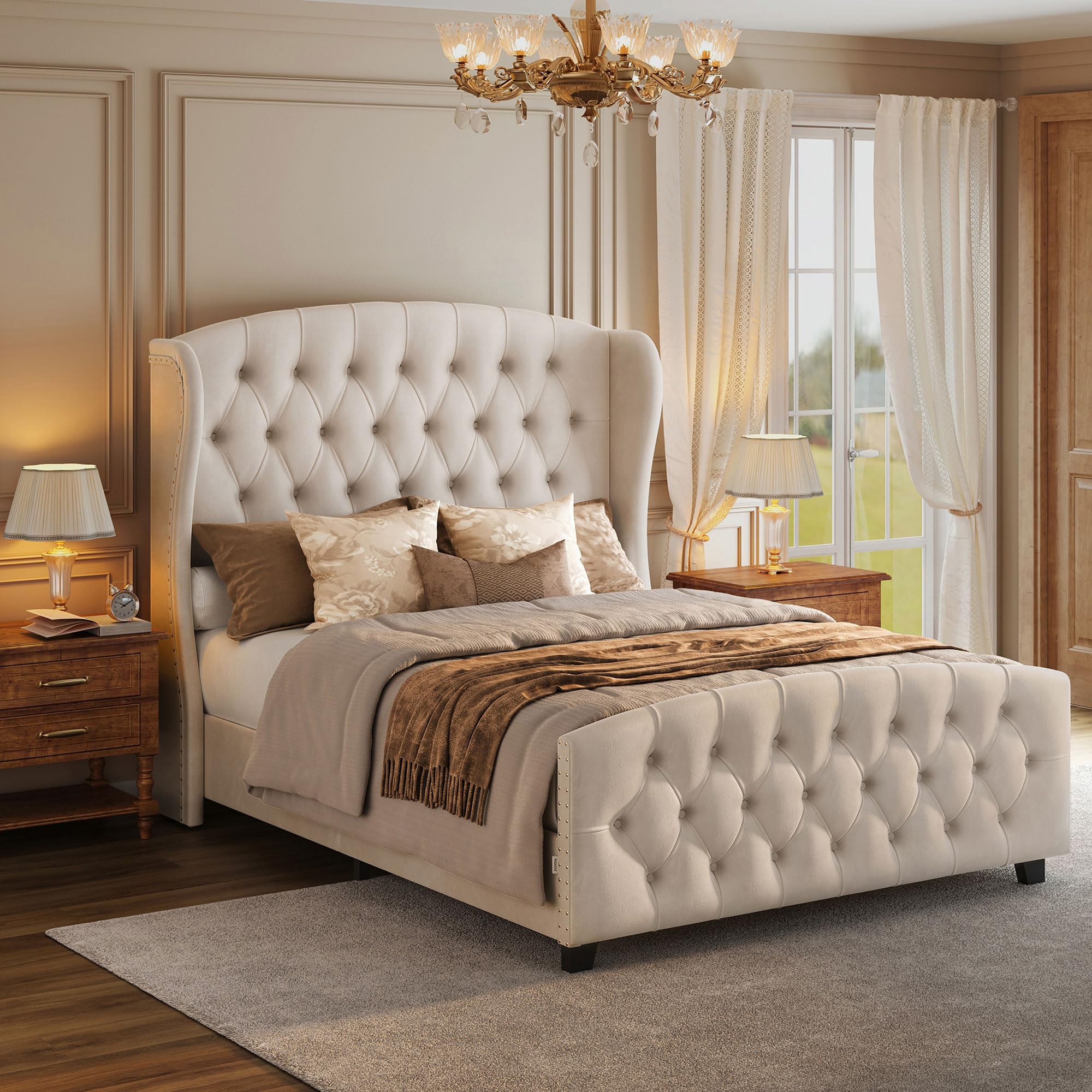 Photo 1 of **MISSING MANUAL AND HARDWARE** VASAGLE Queen Bed Frame with Tall Headboard, Upholstered Platform Bed Frame Queen Size, with Wingback Tufted Headboard and Footboard, Wooden Slats, No Box Spring Needed, Cappuccino Beige URMB881W01