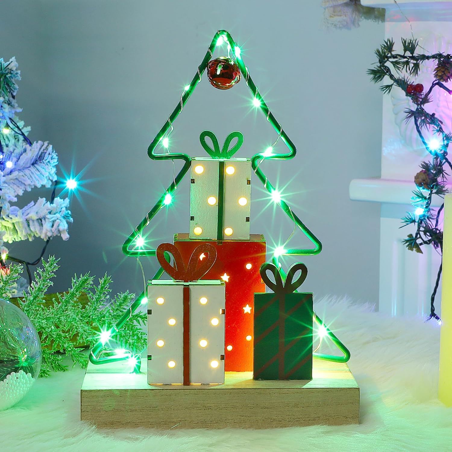 Trees - Lulu Home Christmas Tabletop Decoration, Wooden Pre-lit Christmas Tree Ornament with Green Metal Frame, Battery Operated LED Light Up Holiday Sign for Indoor Mantel Shelf Decor