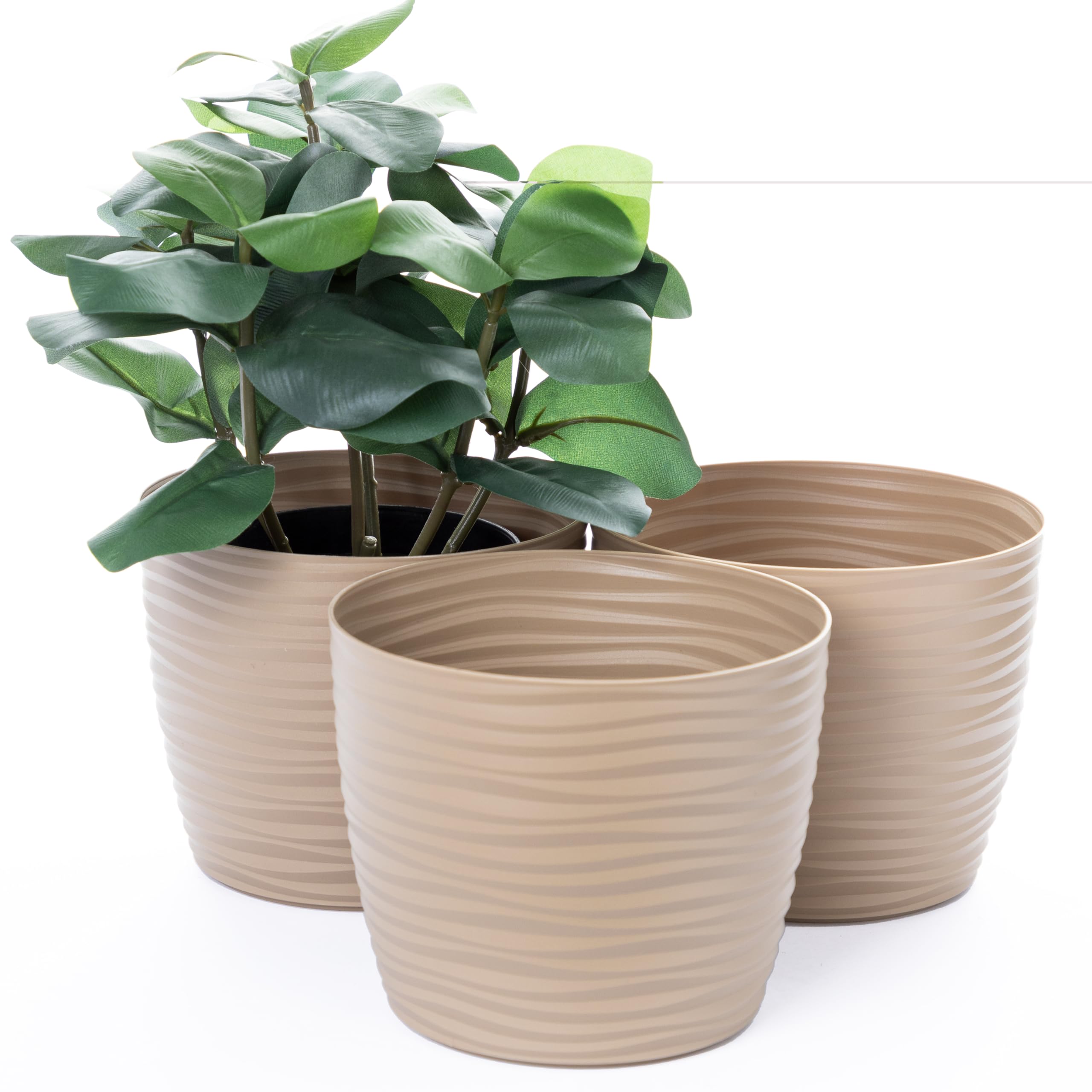 Home Garden Ornaments Plant Pots Indoor – Set of 3 Plastic Flower Pots, Unique Wave Design, No Drainage Holes, Indoor Plant Pot for Modern Home Décor (Taupe, 15cm / 5.9 inch)