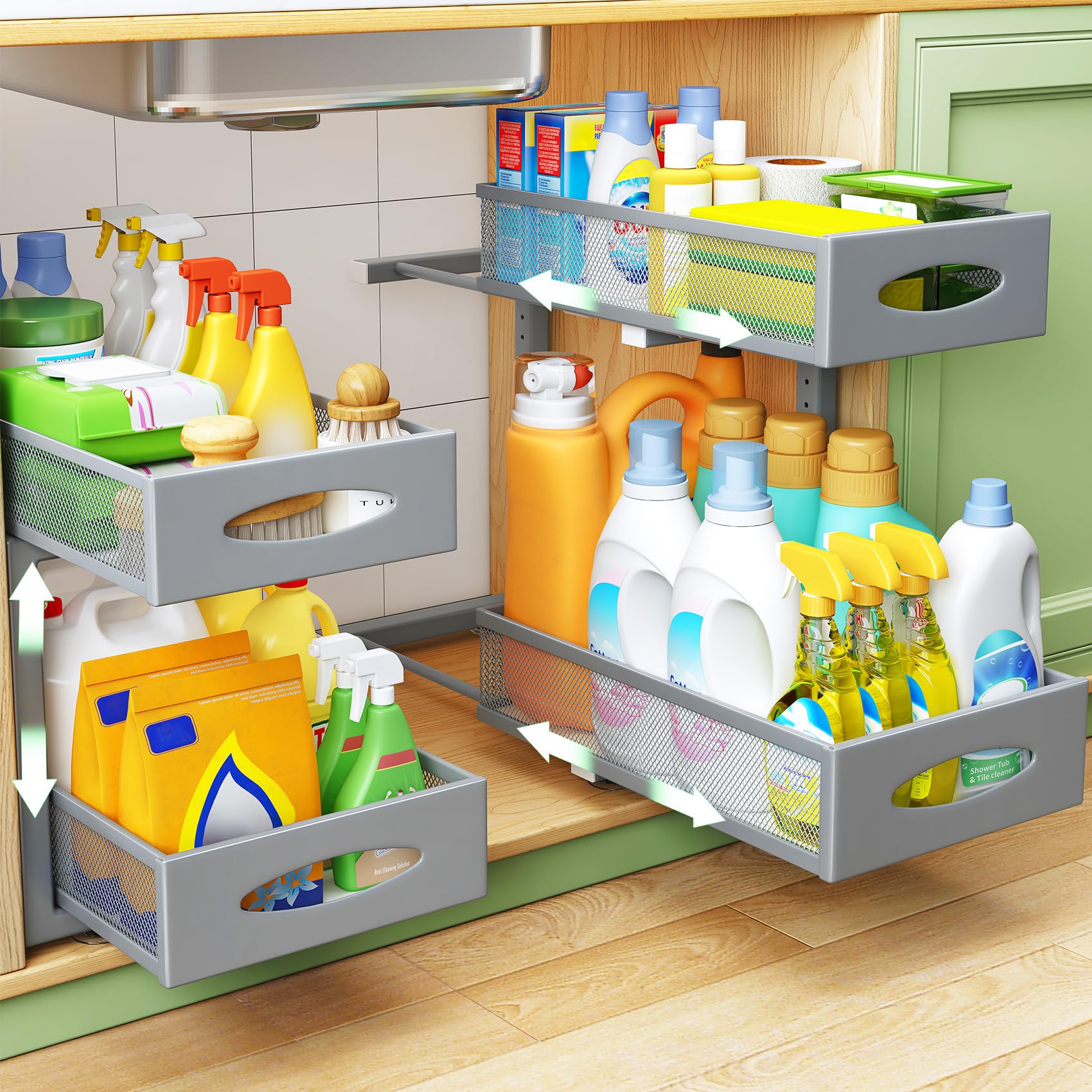 1 Pack Under Sink Organizer, 2 Tier Pull out Cabinet Organizer Mesh Baskets with 5 Adjustable Heights, Sliding Drawers Storage Shelf for Home, Kitchen, Bathroom, Pantry, Office, Countertop ,Grey Image