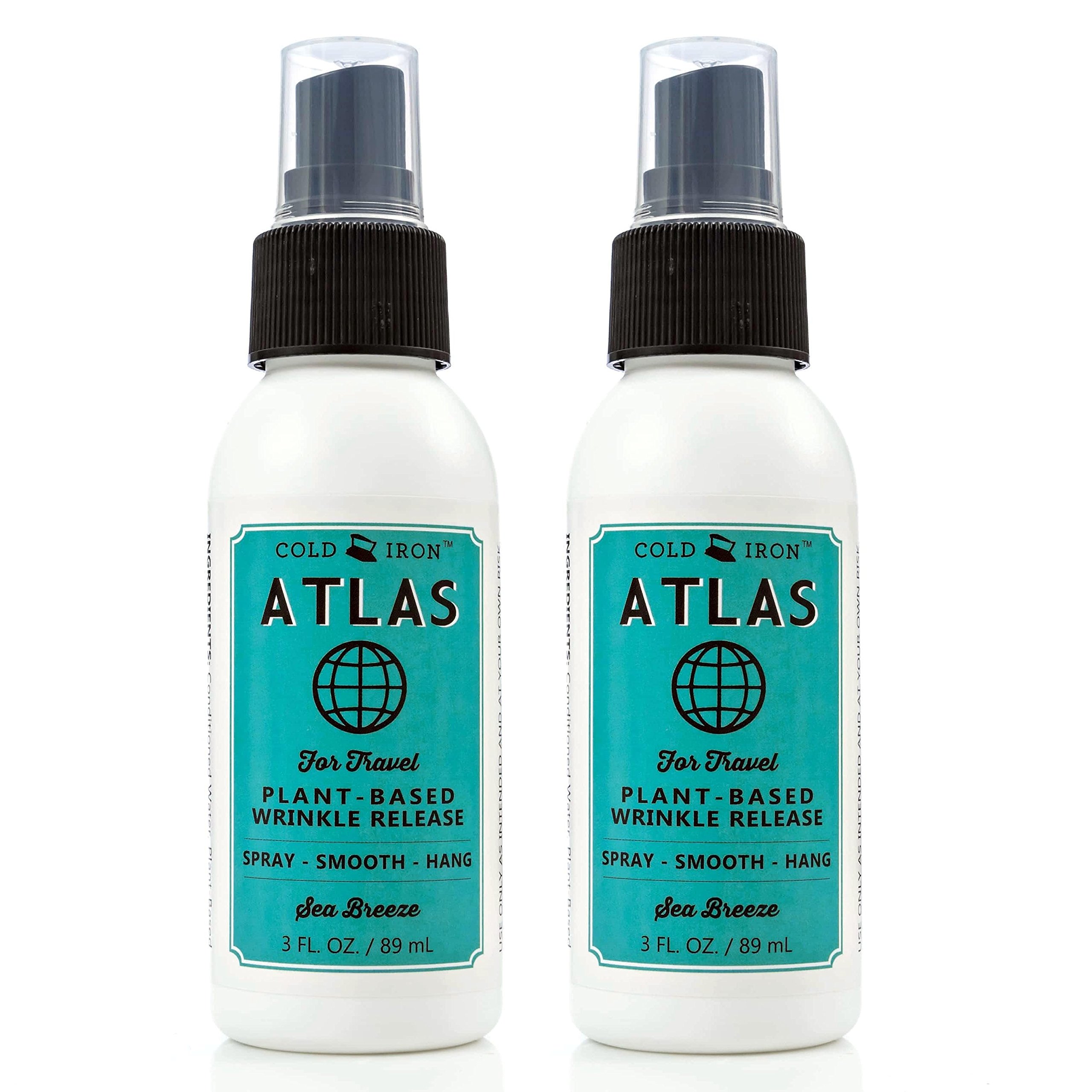 Cold Iron Wrinkle Release Spray for Clothes. Atlas Travel Size 3 fl oz/89 ml. Light Summery Scent. Ironing Alternative. Spray, Smooth, Hang.
