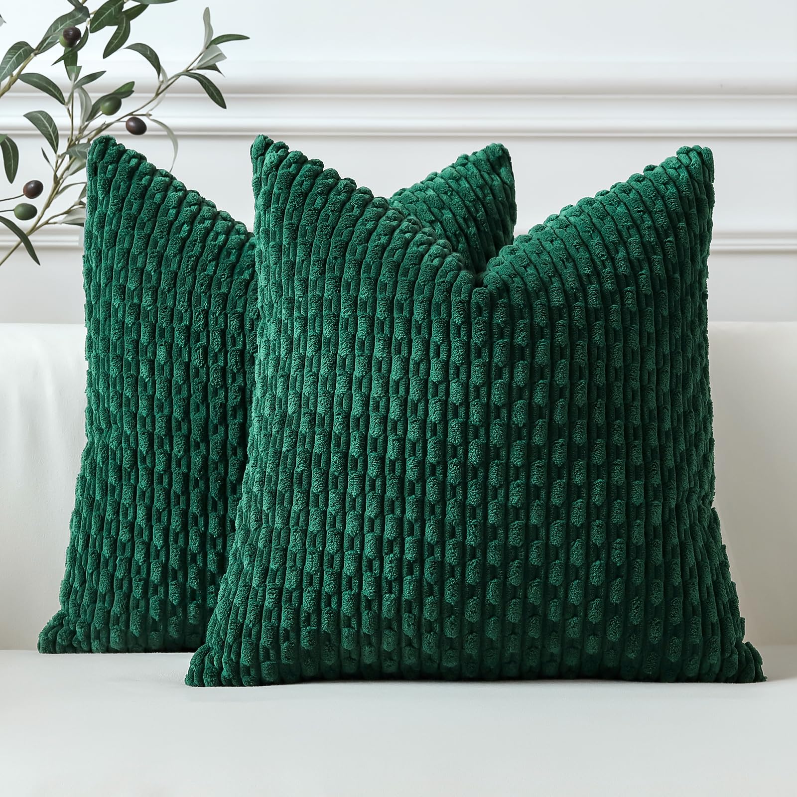 Sungeek Set of 2 Dark Green Soft Corduroy Decorative Cushion Covers Boho Striped Throw Pillow Covers for Sofa Couch Living Room Patio Farmhouse Home Decor Pillowcases 50x50cm