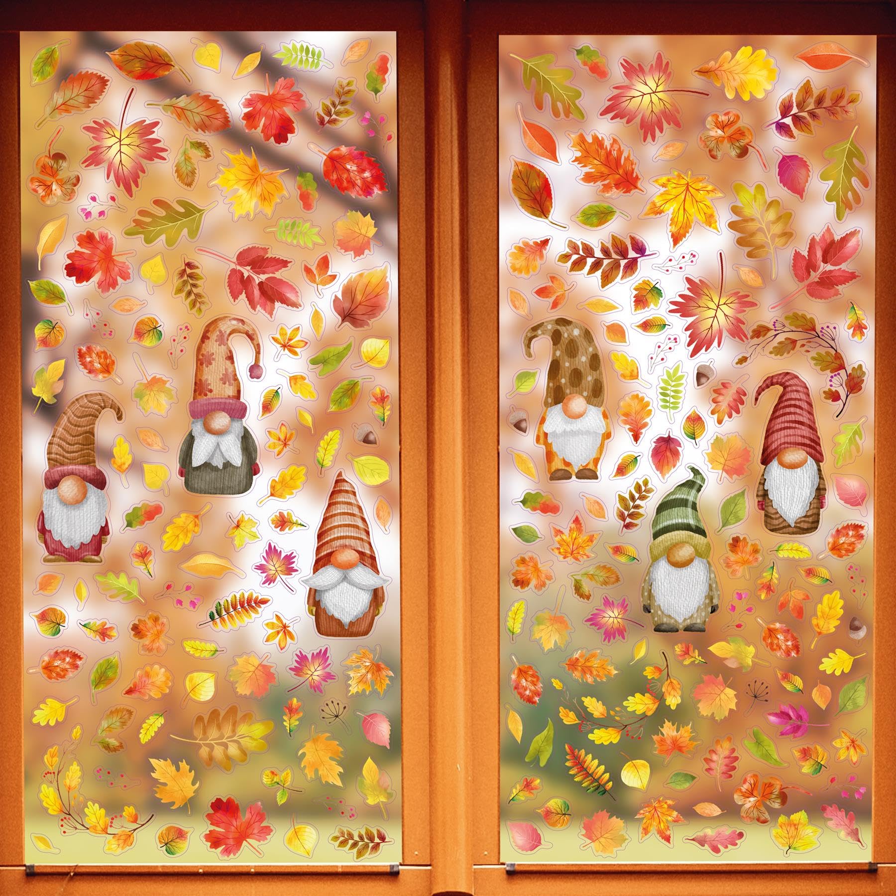 WALPLUS Autumn Window Stickers Clings Home Decorations Removable Reusable Double-Sided Print Decals for Glass Living Room Windows Display Home Décor Maple Leaves Fall Gnomes 295 Pieces