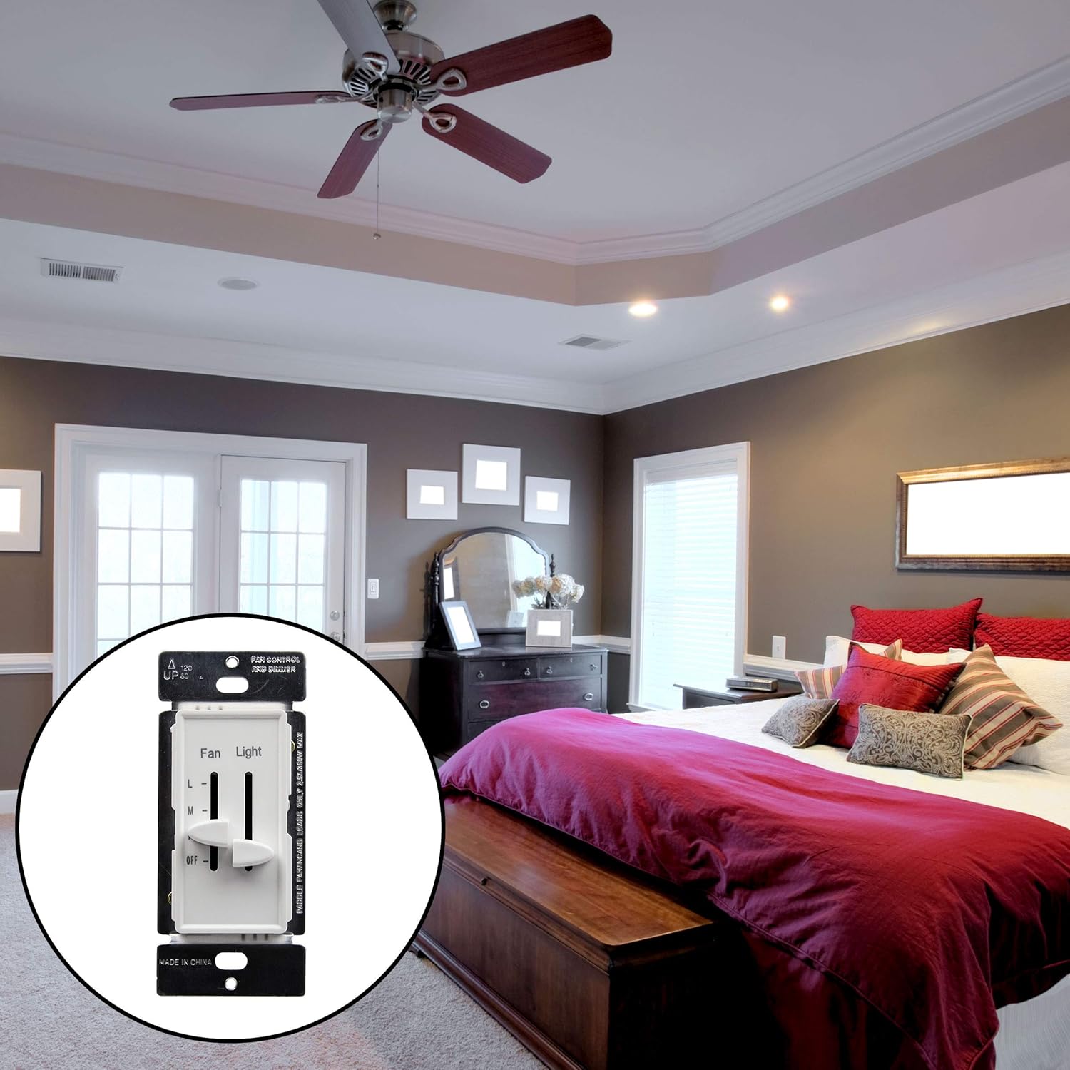 ENERLITES 3 Speed Ceiling Fan Control and LED Dimmer Light Switch, 2.5A Single Pole Light Fan Switch, 300W Incandescent Load, No Neutral Wire Required, 17001-F3-W, White - - 