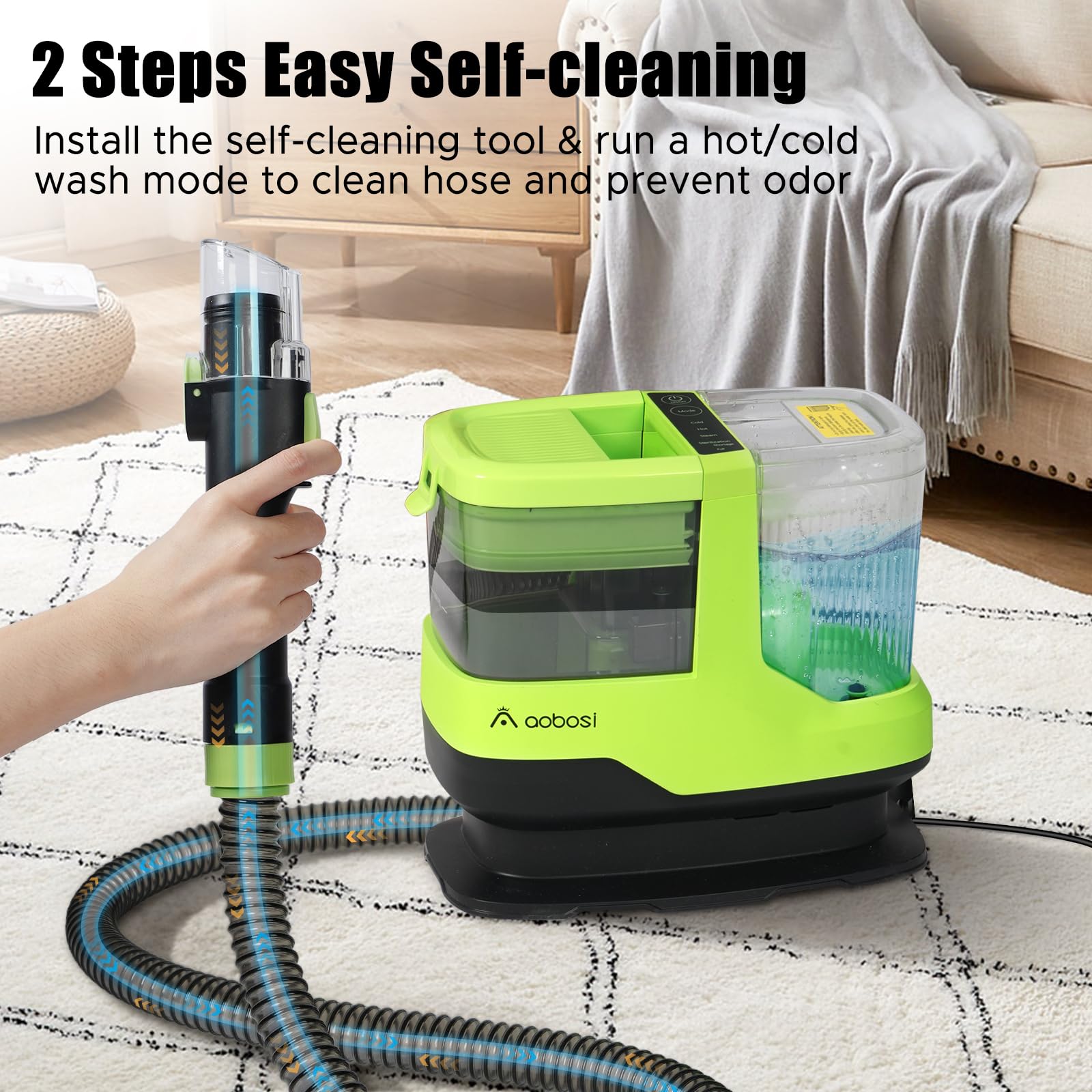 AAOBOSI Portable Carpet Cleaner Machine, 17Kpa Upholstery Steam Cleaner with Smart Voice Prompting, Self-cleaning, 4 Tools for Pets, Car, Couch and Stairs- C688, Green