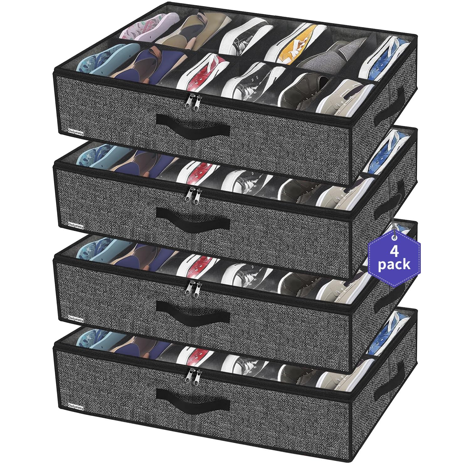 Photo 1 of Onlyeasy Under Bed Shoe Storage Organizer For Closet, 4 Pack Fit 12x4 Pairs, Under bed Solution Shoes Container Bags with Sturdy Sidewall & Reinforced Handles, Breathable, Linen-like Black, MXAUBSB4P