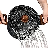 NutriChef 5qt Pasta Pot with Strainer Lid & Pasta Fork | Non-Stick Cooking Pot | Lockable Lid, Heat Resistant Handles | Even Heat Distribution | Easy Clean | Black Marble