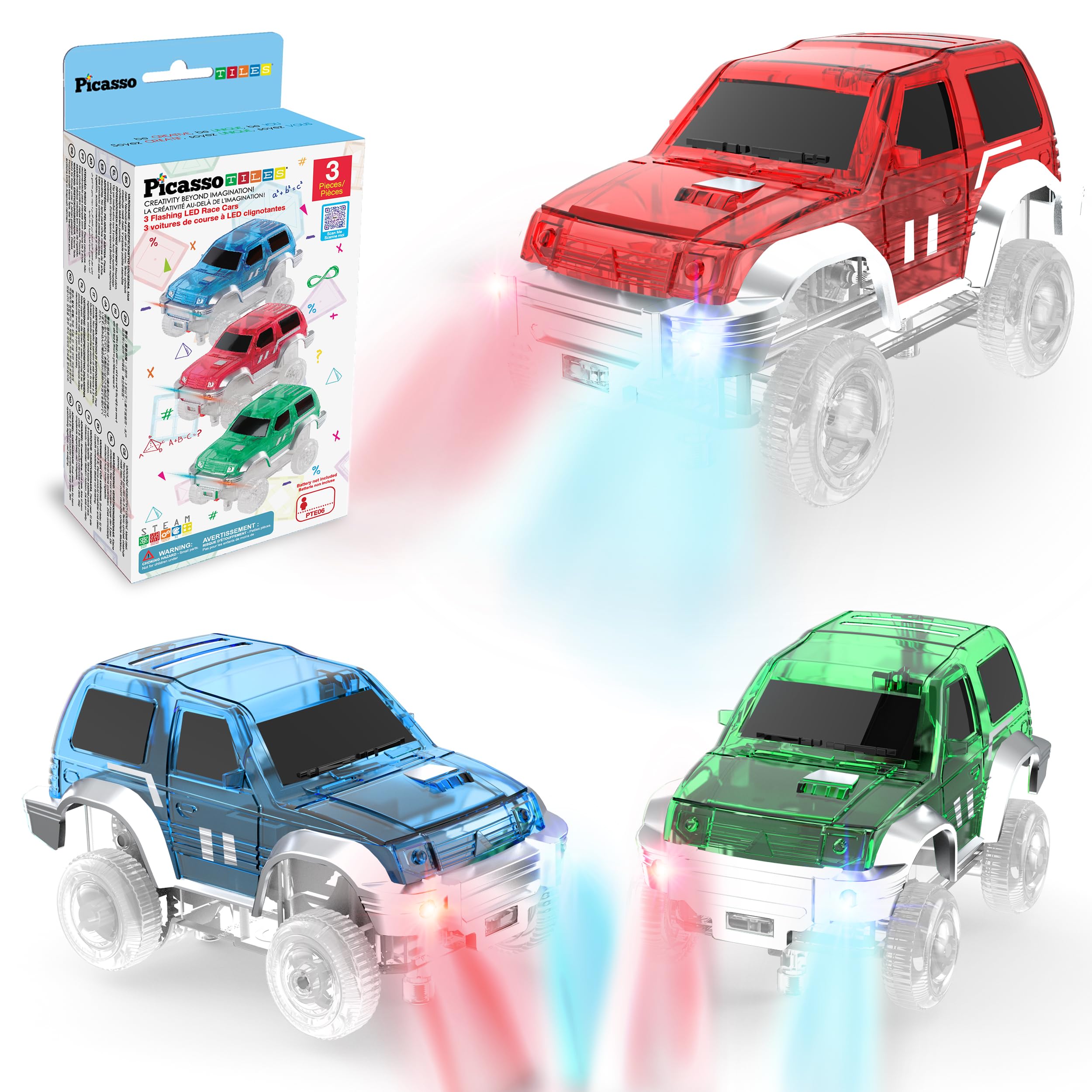 PicassoTiles 3 pcs Magnetic Toy Car Set Light Up LED Highly Detailed Compatible with Magnet Race Track STEM Truck Replacement Accessories Educational Building Kits for Toddlers Boys & Girls Ages 3+